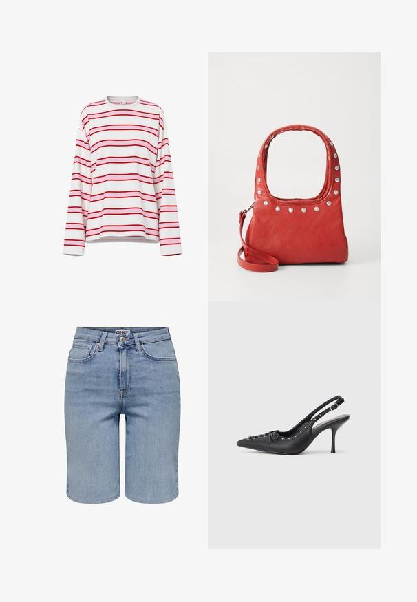 Wit shirt met lange mouwen en horizontale rode en lichtroze strepen, ronde hals en een ontspannen pasvorm.; Lichtblauwe denim shorts met voorzakken, riemlussen, een metalen knoop en een ritssluiting.; Zwarte leren slingback stiletto met spitse neus, zijgesp met gesp, studs langs de rand en decoratieve veters aan de voorkant.; Rode leren handtas met zilveren studs rond de bovenrand en handvatten, met een afneembare schouderriem op een effen achtergrond.