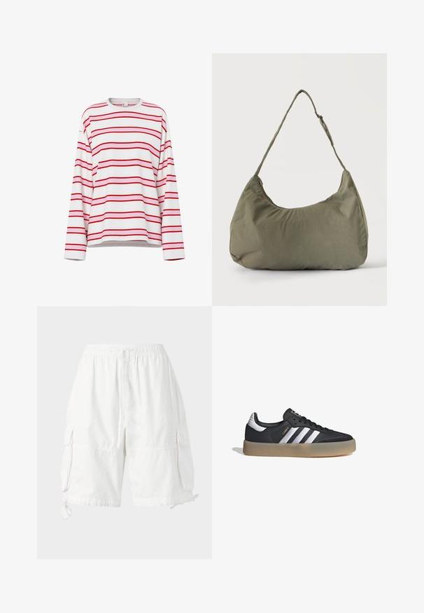 Camiseta blanca de manga larga con rayas horizontales rojas y rosa claro, cuello redondo y corte relajado.; Pantalones cortos de carga blancos con cintura elástica y cordón, que cuentan con dos bolsillos laterales y tirantes ajustables en el dobladillo. Fabricados en tela ligera.; Zapatilla deportiva de cuero negro con tres rayas plateadas, punta texturizada y suela de goma. Cuenta con un collar acolchado y un diseño con cordones.; Bolso de hombro de tela suave color verde oliva con cierre de cremallera y correa ajustable sobre un fondo liso y claro.