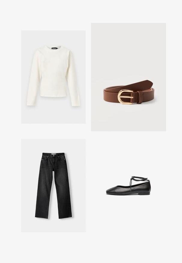 Wit shirt met lange mouwen en ronde hals, slim fit en een zwart "Denim" label aan de binnenkant van de kraag op een effen achtergrond.; Bershka Straight leg jeans - mottled dark grey; Zwarte leren ballerina's met een spitse neus, platte hak en een wikkelbandje rond de enkel. Glad oppervlak, minimalistisch ontwerp.; Bruine leren riem met gouden afgeronde gesp, opgerold en liggend op een witte ondergrond.
