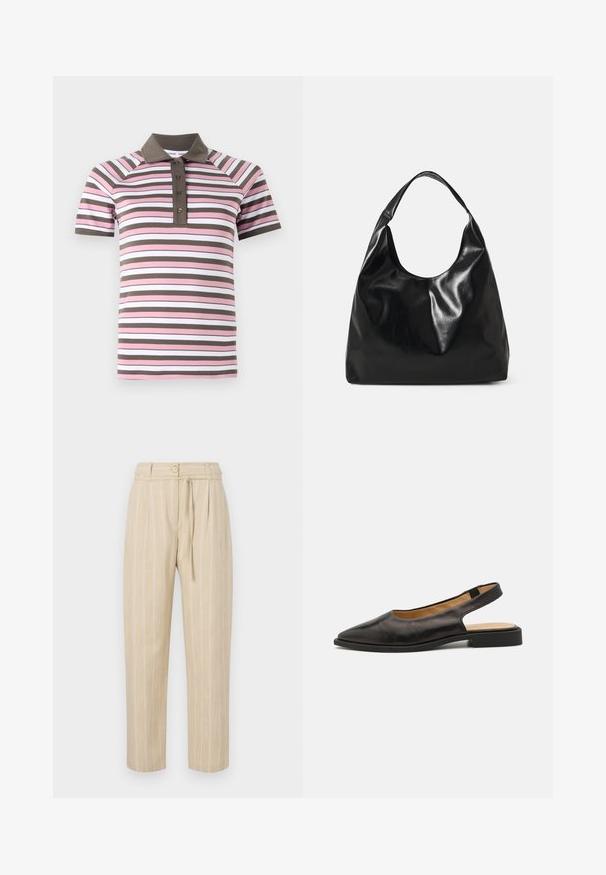 Polo shirt à manches courtes avec des rayures horizontales roses, blanches et marron, un col marron et une patte de boutonnage.; Pantalon beige à rayures avec une coupe décontractée, présentant une taille cintrée, une fermeture à bouton et une ceinture à nouer, fabriqué à partir d'un tissu léger.; Chaussure noire en cuir avec un talon bas, un bout pointu et un dos ouvert. Présente une texture lisse et un design minimaliste.; Sac hobo en cuir noir avec une texture douce et brillante et un haut ouvert arrondi. Dispose d'une large sangle courbée pour le transport. Pas de matériel visible.
