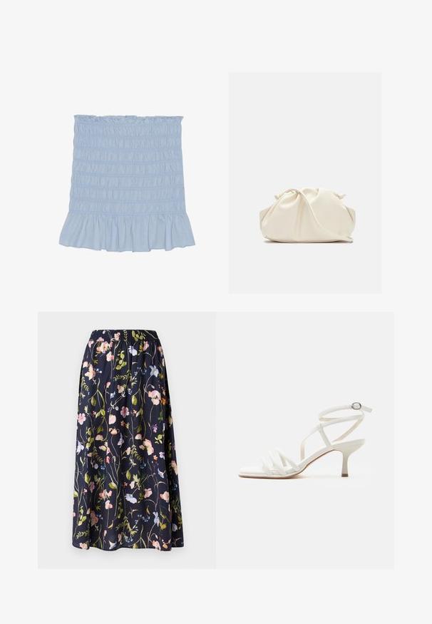 Falda azul claro con fruncidos y dobladillo con volantes, que presenta costuras texturizadas en todo su diseño y está fabricada con una suave mezcla de algodón.; Falda floral en azul marino con una cinturilla elástica, que presenta un estampado de flores rosas, azules y verdes sobre un tejido texturizado.; Sandalia blanca de mujer con tiras, tacones delgados, tres tiras delanteras y una correa en el tobillo con hebilla plateada.; Bolso de mano de cuero suave de color crema con diseño fruncido y plisado y una delgada correa para el hombro que descansa delante sobre un fondo liso.