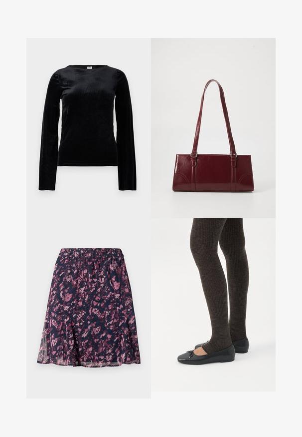 Haut noir à manches longues en tissu doux et lisse, avec un col rond et une silhouette ajustée. Sans éléments métalliques visibles ni motifs.; Jupe marine avec taille élastique, ornée d'un motif floral abstrait rose et violet et d'un ourlet légèrement évasé.; Jambes portant des leggings côtelés foncés associés à des ballerines noires avec de petits détails en nœud sur fond blanc.; Sac à main bordeaux en matériau brillant, de forme rectangulaire, avec deux anses et des accents légèrement courbés à l'avant.