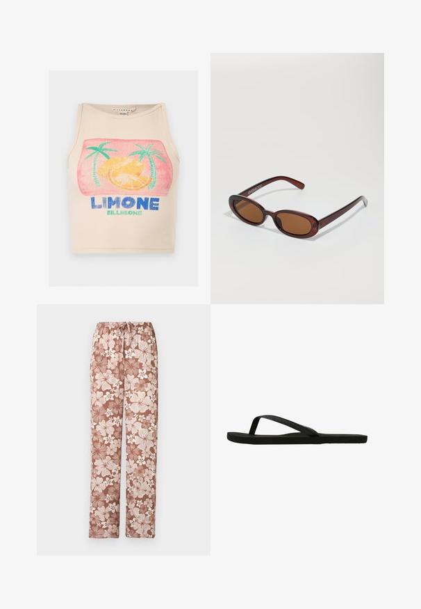 Beige ribbet croptop med et farverigt motiv af citron skiver, to palmer og teksten "LIMONE" og "BILLABONG" på fronten.; Brune snorebukser med et stort blomstermønster i hvidt og lyst brunt, lige snit, vist på en hvid baggrund.; Sort flip-flop med en struktureret rem og flad sål. Remmen har en subtil glans. Enkel design, letvægts og fleksibel form.; Runde, bruntonede solbriller med en glansfuld bordeauxramme. Slanke arme med diskret brandingdetalje. Flad linsedesign.