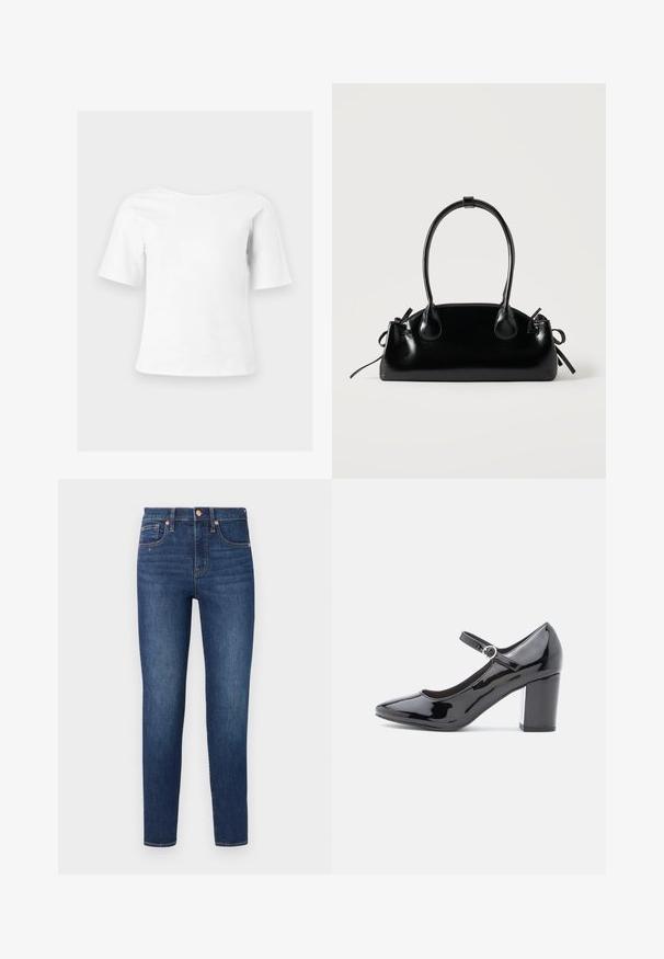 Witte top met korte mouwen, een brede ronde halslijn en een losse, vierkante pasvorm, weergegeven op een effen lichtgrijze achtergrond.; GAP SKINNY HAVEL - Jeans Skinny Fit - dark wash; Zwarte gepatineerde leren hoge hak met een ronde neus, enkelbandje en een blokhak. Glanzende afwerking met een gladde textuur.; Kleine zwarte glanzende handtas met twee lange hengsels en zijkant trekkoord details op een effen lichte achtergrond.