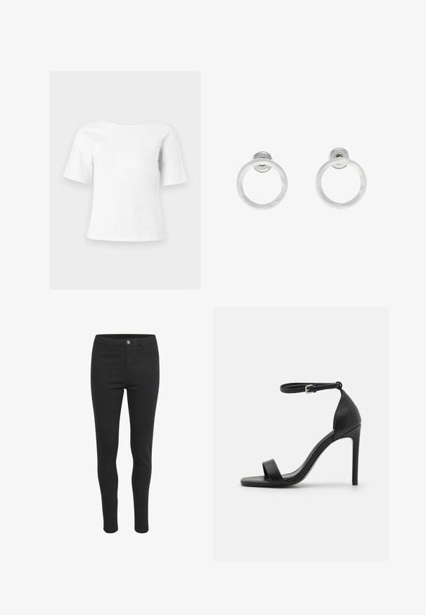 Hvid top med korte ærmer, bred rund halsudskæring og en løs, firkantet pasform, vist på en ensartet lysegrå baggrund.; Sorte skinny jeans med en glat stofstruktur, der har en frontknaplukning, fem lommer og et tætsiddende design.; Sort højhælet sandal med et sleek design, der har en ankelrem, åben tå og glat lædertekstur.; Sølvmetalløreringe med en børstet tekstur, der har et cirkulært design og en klar post til sikker bæring.