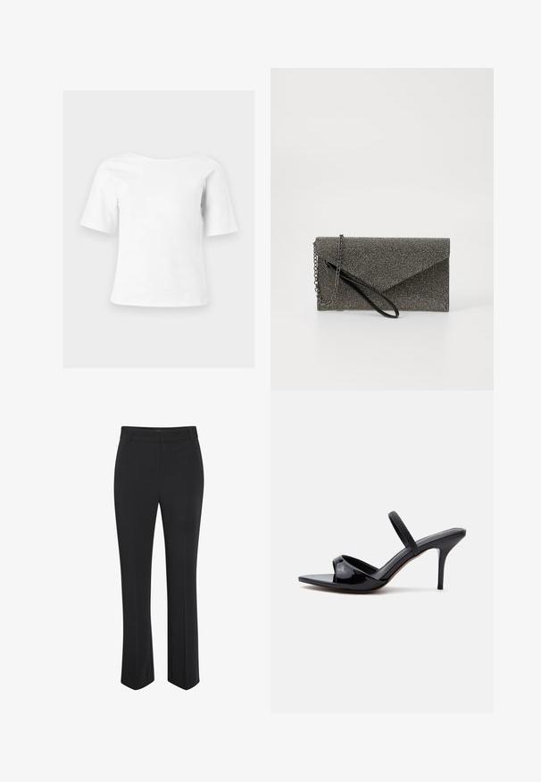 Top blanco de manga corta con un amplio escote redondo y un ajuste suelto y cuadrado, mostrado sobre un fondo liso de color gris claro.; Pantalones negros a medida con diseño de pierna recta. Fabricados con tela suave, cuentan con una pretina de talle medio y una sutil arruga frontal.; Sandalia de tacón en charol negro con tacón stiletto fino, puntera cuadrada y una tira delgada sobre el empeine, mostrada sobre fondo blanco.; Cartera de mano metálica gris con patrón de malla texturizada, diseño de sobre, cadena como correa y una correa de muñeca delgada y elegante.