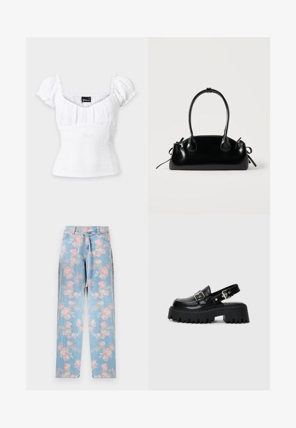 Hvid tekstureret dameskjorte med korte ærmer, ruched pufærmer og firkantet halsudskæring fra Gina Tricot i størrelse small.; Lyseblå denimjeans med hel trykt blomstermønster i pink og beige, høj talje, lige ben og et tyndt, matchende stofbælte.; Sorte platform sandaler lavet af skinnende læder, med en spænde rem og en tekstureret tyk sål med udtalte riller.; Lille sort blank håndtaske med to lange håndtag og snøre-detaljer i siden på en ensfarvet lys baggrund.