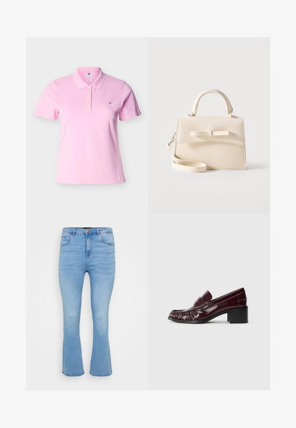 Polo de manga corta en rosa claro con cuello, tapeta de botones y pequeño logo bordado en el pecho izquierdo.; Jeans acampanados de color azul claro en denim de algodón. Tienen una cintura alta, cinco bolsillos y costuras visibles a lo largo de las costuras y el dobladillo.; Mocasín de cuero burdeos con punta redondeada, textura recogida en la parte delantera y un pequeño tacón cuadrado negro. Detalle en dorado en el empeine.; Pequeño bolso beige con asa superior, correa desmontable, solapa frontal y lazo decorativo horizontal sobre un fondo liso.