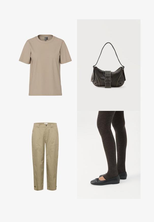 Beige bomulds T-shirt med rund hals, korte ærmer og en afslappet pasform. Har minimal syning og ingen synlige mønstre eller accenter.; Beige, lette bukser med lige pasform, der har sidelommer og knapdetaljer i kanten for justerbar pasform og stil.; Ben iført mørke ribbede leggings kombineret med sorte balletsko med små sløjfedetaljer på hvid baggrund.; Sort læder skuldertaske med spænde på remmen, afrundede kanter og kontrasterende hvide syninger på en ensfarvet baggrund.