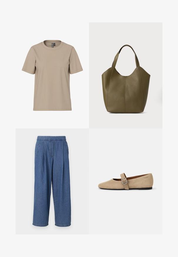 Beige Baumwoll-T-Shirt mit Rundhalsausschnitt, kurzen Ärmeln und lockerer Passform. Verfügt über minimale Nahtverarbeitung und keine sichtbaren Muster oder Akzente.; Blaue Jeans in weitem Schnitt mit entspanntem Sitz, ohne Knopfverschluss an der Taille, mit Falten auf der Vorderseite und zwei Seitentaschen.; Beige Wildleder Mary Jane Ballerinas mit spitzer Zehe und einem verstellbaren Riemen mit einer silbernen Schnalle. Schwarze flache Sohle.; Olivgrüne Leder-Tasche mit doppelten Trägern, glatter Textur und vierteiliger Gestaltung. Verstärkte Nähte entlang der Nähte für Langlebigkeit.