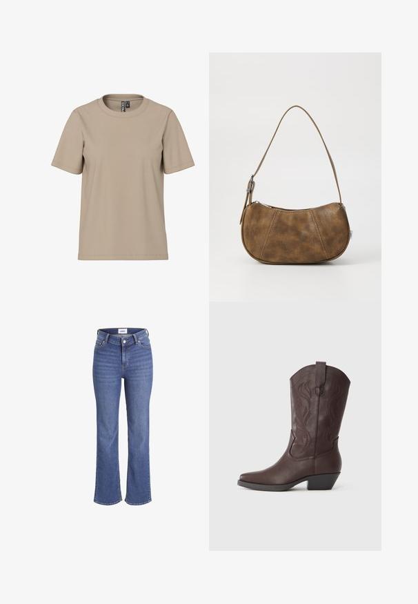 Beige bomulds T-shirt med rund hals, korte ærmer og en afslappet pasform. Har minimal syning og ingen synlige mønstre eller accenter.; Mørkeblå jeans i denim med høj talje, brede ben og et traditionelt fem-lomme design. Har synlig syning og lukning med en frontknap.; Brun lædercowboystøvle med spids snude, dekorative syninger på skaftet og en lav, stablet hæl. Glat tekstur og buet design.; Brun faux læder skuldertaske med en buet form, en enkelt strop, kontrasterende syninger og en lynlåslukning langs den øverste kant.
