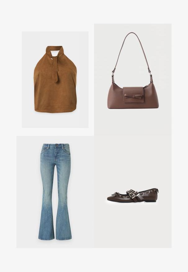 Haut dos nu en daim marron avec un détail de lien au cou et une coupe sans manches, présenté sur un fond clair uni.; Jeans évasés bleu clair fabriqués en denim. Comprend une fermeture à bouton à l'avant, cinq poches et un léger délavage pour la texture.; Chaussure plate en cuir marron foncé avec bout pointu, doubles brides à boucles argentées, œillets métalliques et nœud décoratif à l'avant.; Sac à bandoulière en cuir marron avec une poche à rabat avant ornée d'un détail en forme de nœud cousu et une sangle réglable.