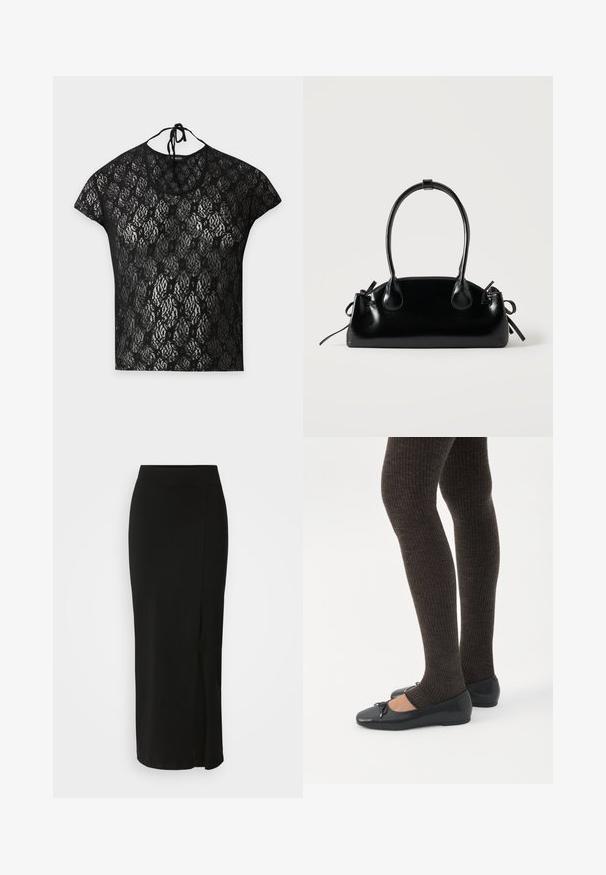 Haut noir en dentelle à manches courtes avec motif floral et fermeture à nouer autour du cou sur un fond clair uni.; Jupe noire, de longueur genou, fabriquée en tissu doux et extensible. Elle possède une taille ajustée et une fente sur le côté pour faciliter les mouvements.; Jambes portant des leggings côtelés foncés associés à des ballerines noires avec de petits détails en nœud sur fond blanc.; Petit sac à main noir brillant avec deux longues anses et des détails à cordon sur les côtés sur un fond clair uni.