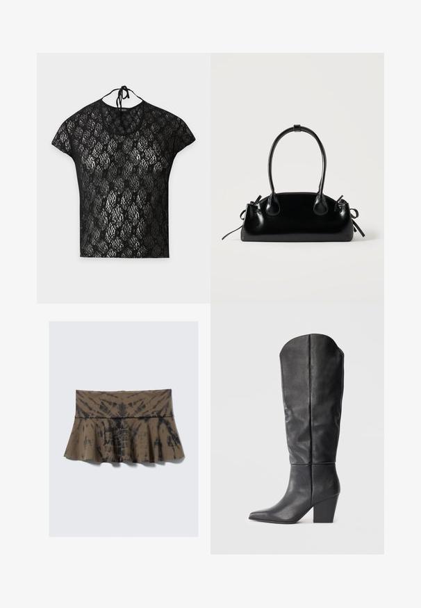Haut noir en dentelle à manches courtes avec motif floral et fermeture à nouer autour du cou sur un fond clair uni.; Jupe marron tie-dye avec un bas évasé et une large ceinture. Fabriquée en tissu doux avec une texture apparente. Les motifs varient partout.; Bottes noires en cuir, montant jusqu'au genou, avec un bout pointu et un talon épais. Le design présente une texture lisse et des lignes minimalistes.; Petit sac à main noir brillant avec deux longues anses et des détails à cordon sur les côtés sur un fond clair uni.