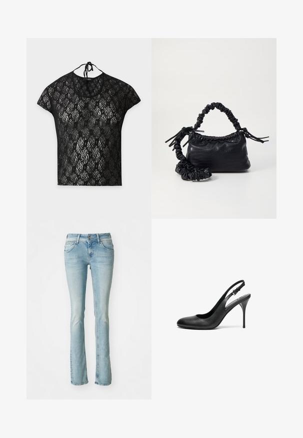 Must lühikeste varrukatega pitsist pluus lillemustriga ja kaelarihma kinnitusega ühtlasel heledal taustal.; Heledad sinine teksapüksid, bootcut disain, viie tasku stiil, kulunud detailid, lukuga ja nupuga sulgemine, peened õmbluse aktsendid, keskmine põletus.; Must musta sõrmejälje pump terava ninaga, õhuke stiletto konts ja reguleeritav rihm. Sile tekstuur ja minimalistlik disain.; Must must sünteetilisest nahast käekott, millel on krokodillimuster, kokku tõmmatav ülaosa ja kortsus rihm. Tundub pehme ja kompaktne disain.