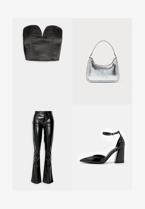 Vero Moda VMSALLY CROPPED SIMILI CORSAGE - Top - black; Gap Tall STRAIGHT PATENT - Pantalones - true black; Zapato de tacón alto de charol negro con punta afilada, correa en el tobillo y ancho tacón bloque para mayor estabilidad, con una textura suave y brillante.; Bolso de mano metálico plateado con forma curva, cierre de cremallera y correa para el hombro. Presenta el logo "CK" grabado en la parte frontal.