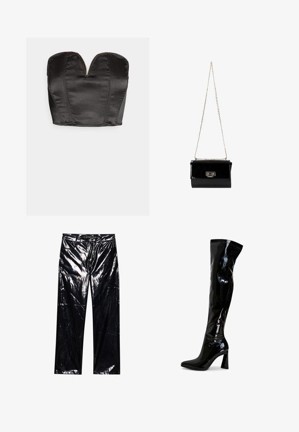 Vero Moda VMSALLY CROPPED SIMILI CORSAGE - Top - black; Sorte, højglans, faux læderbukser med brede ben, klassisk fem-lomme design, knap- og lynlåslukning samt blank overflade.; Sorte laklæderstøvler, der går til låret, med spids snude, firkantet blokhæl og glat, blank tekstur. Ingen synligt hardware.; Sort patentlæder håndtaske med en guldkæde-strop, rektangulær form, med en frontklaplukning og et metallisk logo-accent.