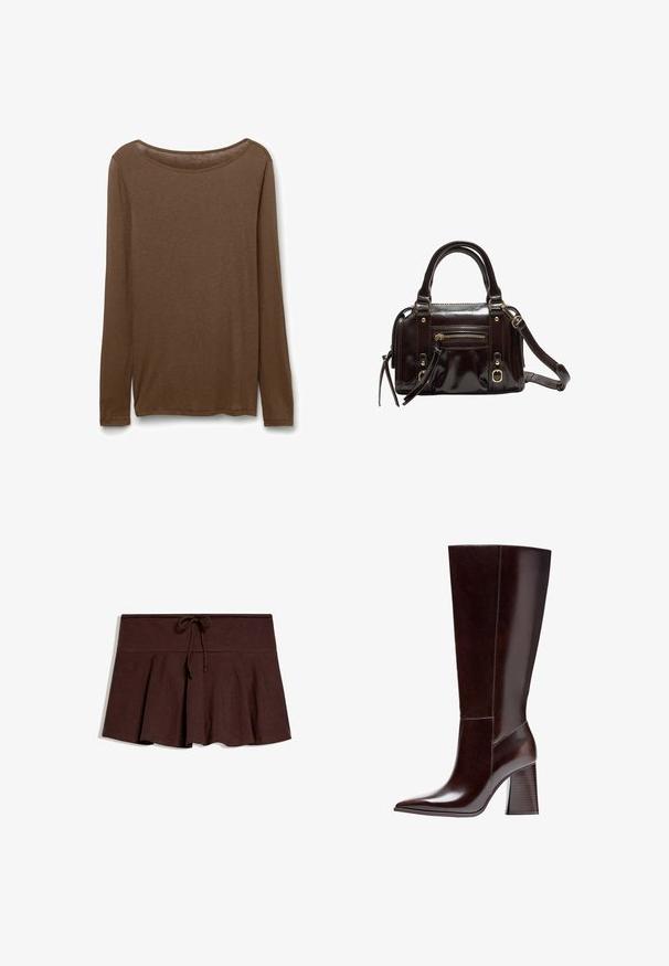 Chemise marron à manches longues en tissu doux, présentant un décolleté arrondi et une coupe droite avec des fentes latérales à l'ourlet pour plus de confort.; Jupe plissée marron foncé avec large ceinture et cordon de serrage au centre devant, posée à plat sur fond blanc.; Botte en cuir marron jusqu'au genou avec un bout pointu et un talon en bloc texturé. Présente des lignes épurées et des détails de couture minimalistes.; Sac à main en cuir verni marron avec double poignées, bandoulière amovible, poche zippée à l'avant et accents en métal doré.