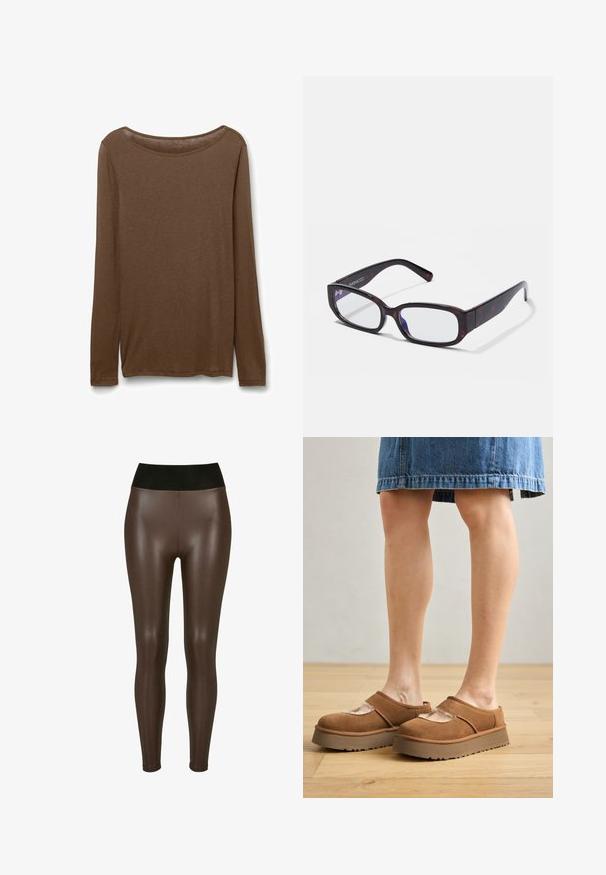 Braunes Langarmhemd aus weichem Material, mit Rundhalsausschnitt und geradem Schnitt, seitlichen Schlitzen am Saum für mehr Bewegungsfreiheit.; Braune leggings aus Kunstleder mit einem hohen schwarzen Bund, die eine glatte, glänzende Oberfläche und ein eng anliegendes Design bis zum Knöchel aufweisen.; Braune Wildleder-Plateauschuhe mit abgerundetem Zehenbereich, Cut-out-Details und einer stabilen Sohle, kombiniert mit einem Jeansrock auf einem Holzboden.; Braune Schildpatt-Rechteckbrille mit klaren Gläsern und schlanken Bügeln, die eine glatte Textur und ein minimalistisches Design zeigen.