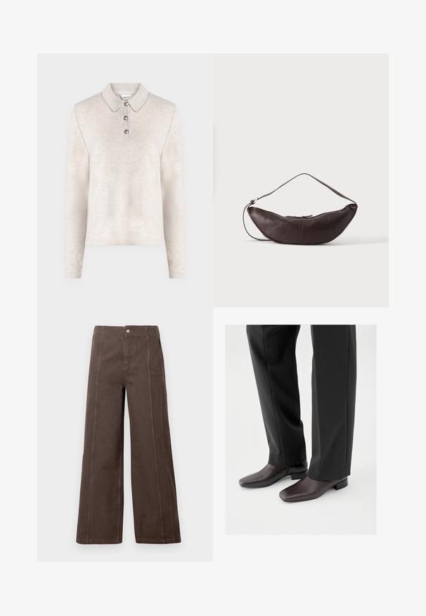 Lysebeige langærmet polo shirt med tre knapper og spids krave lavet af blødt tekstureret stof.; Brune viddebukser lavet af glat stof, med sømme foran og en enkelt metalknap lukning i taljen.; Mørkebrune lædersko med firkantet tå og kort blokhæl, båret med sorte skræddersyede bukser, der viser et slankt og poleret udseende.; Mørkebrun læder skuldertaske i halvmåneform med buet rem og synlige syninger på ensfarvet baggrund.