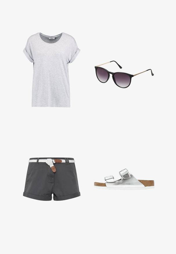 T-shirt gris clair à manches courtes avec un col rond et des ourlets roulés, fabriqué en tissu doux, présentant une coupe décontractée et un design minimaliste.; Shorts en coton gris avec ourlets roulés, dotés d'une ceinture tressée blanche et d'accents en cuir marron. Détails de couture visibles sur le tissu.; Sandale métallique argentée avec deux brides réglables, semelle intérieure en liège et semelle blanche. Surface supérieure lisse avec une finition brillante.; Lunettes de soleil noires avec des verres dégradés violets. Forme œil de chat, avec des accents métalliques dorés fins sur les branches. Fini en plastique lisse.