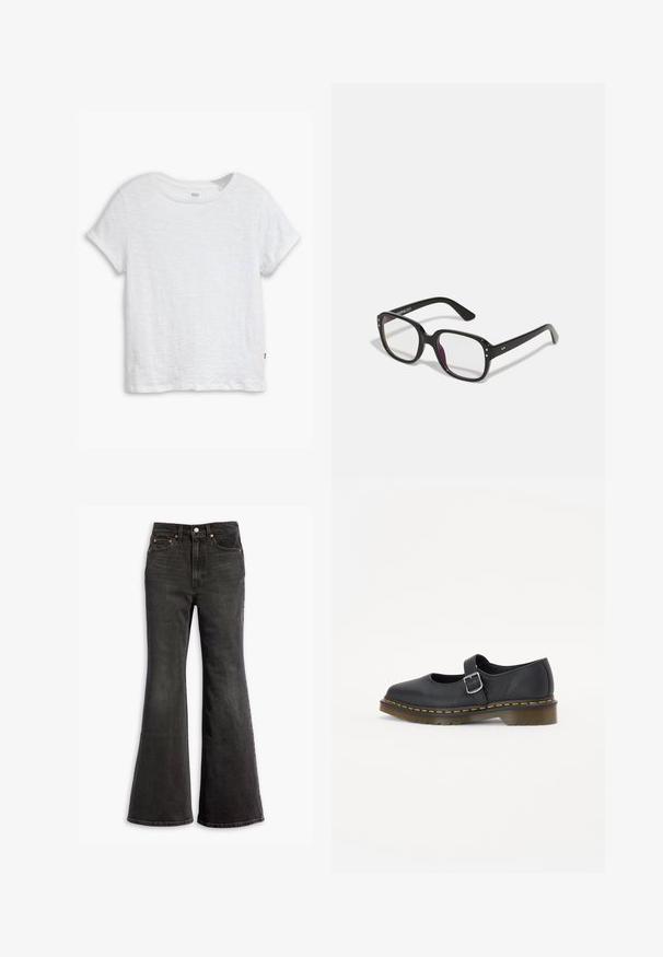 Witte kortere mouwen t-shirt van lichtgewicht katoen, met een ronde halslijn, een iets boxy vorm en een klein rood logo-label aan de zoom.; Zwarte high-waisted denim jeans met een flared leg, vijf-pocket ontwerp en koperen klinknagels.; Zwarte leren Mary Jane schoenen met een ronde neus, verstelbare gesp, gele stiksels en een stevige bruine rubberen zool.; Zwarte rechthoekige bril met heldere lenzen, voorzien van afgeronde randen en zijaccenten, met een glanzende afwerking van het montuur en de pootjes.