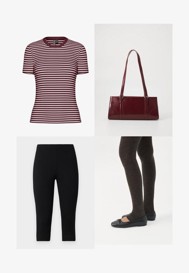 Short-sleeve striped t-shirt in burgundy and white, featuring a ribbed texture and a round neckline.; Black capri leggings made of stretchy material, featuring a snug fit and smooth texture, with no prominent patterns or accents.; Legs wearing dark ribbed leggings paired with black ballet flats featuring small bow details on a white background.; Burgundy handbag made of glossy material, rectangular shape, with two shoulder straps and subtle curved accents on the front.