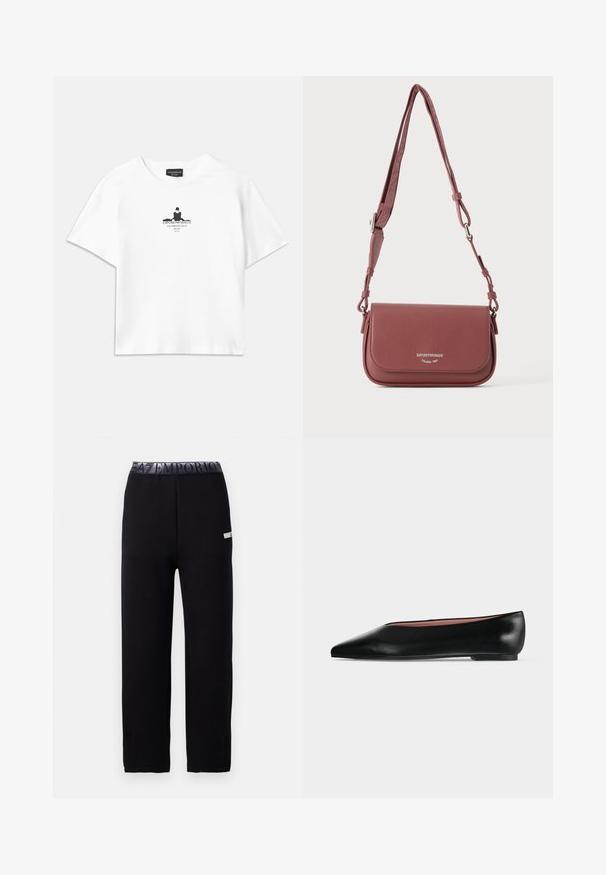 camiseta de algodón blanca de corte holgado, con una impresión gráfica negra en el centro que incluye texto y un diseño de silueta.; Pantalones de chándal negros con una textura suave y elegante, que presentan una cinturilla elástica con un logotipo y un detalle lateral. Diseño de pierna recta.; Zapato plano negro de cuero para mujer con punta puntiaguda y tacón bajo, mostrado de lado sobre un fondo liso gris claro.; Bolso pequeño de cuero malva texturizado para llevar cruzado, con correa ajustable y cierre con solapa que presenta un logo de marca plateado en relieve.