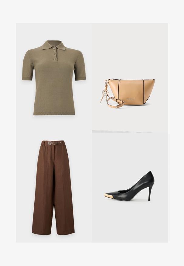 Polo en maille vert olive à manches courtes avec col et trois boutons sur un fond blanc uni.; Pantalon marron à jambes larges avec une taille haute élastiquée et une ceinture assortie attachée ornée d'une petite boucle dorée et de clous.; Pompe à talon haut en cuir noir avec bout pointu ; présente une accentuation métallique dorée sur le capuchon. Surface lisse avec un design épuré.; Sac bandoulière Michael Kors en cuir camel avec une fermeture éclair, des bords noirs et une bandoulière amovible avec un pendentif logo.