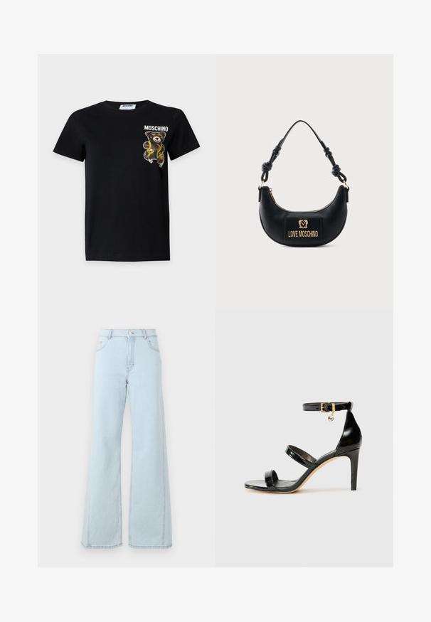 Sort T-shirt med korte ærmer med en lille teddybjørn pakket ind i en gul målebånd og ordet "Moschino" trykt på brystet.; Lysblå denim wide-leg jeans har høj talje, frontlommer og synlige stiksyninger på sømmene og kanten.; Sorte patenterede lædersandaler med tre stropper, ankelspænde og 10 cm stiletthæl. Har detaljer i guld og et logo charms.; Sort halvmåneformet håndtaske med knyttet håndtag og guld "Love Moschino" logo plaque foran, lynlåslukning øverst.