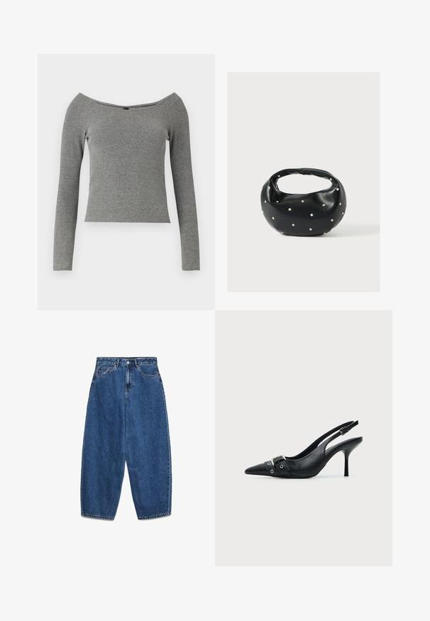 Sivý rebrovaný dlhý rukáv top s off-shoulder výstrihom, priliehavým strihom a hladkou štruktúrou. Bez viditeľných prvkov alebo vzorov.; Modré denimové rifle s vysokým pásom, voľným strihom a rovnými nohavicami. Klasický dizajn s piatimi vreckami a zapínaním na zips a gombík.; Čierny kožený vysoký podpätok so špicatou špičkou, slingback so zapínaním na pracku a detailom s očkami vpredu.; Čierna kožená kabelka s zaobleným tvarom, zdobená striebornými cvočkami a krátkym rúčkou. Hladká textúra a zapínanie na zips.