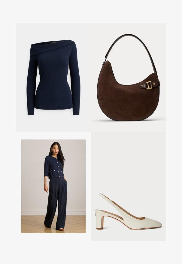 Marineblåt langærmet top til kvinder med asymmetrisk off-shoulder-udskæring, tætsiddende silhuet og blødt strikstof.; Kvinde iført navyblå knappet cardigan med guldknapper og vide bukser, stående på trægulv mod en ensfarvet væg.; Hvid læder slingback hæl med rund tå, blokhæl og et minimalistisk design med subtile syninger.; Brun ruskind skuldertaske i halvmåneform med mørk justerbar læderrem og detail med guldfarvet spænde på ensfarvet baggrund.