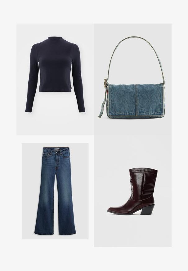 Marine langærmet crop top med høj hals. Lavet af blødt stof, har fitted design, diskret syninger og ingen synlige mønstre eller detaljer.; Bredde ben jeans i mørkeblå denim med høj talje, fem-lomme design og kontrasterende syninger langs sømmene og taljebåndet.; Bordeaux læder ankelstøvler med spids tå, tekstureret overflade og en lav, taperet hæl. Har diskrete søm og en tætsiddende pasform.; Denim skuldertaske med fold-over design, lys blå farve, synlige sømme, justerbar rem og en sidelabel-detalje.