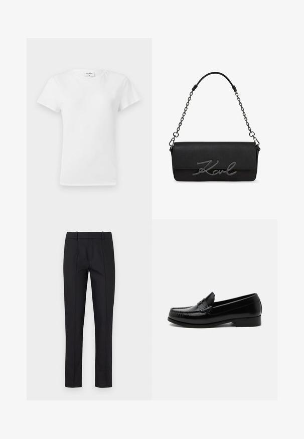 Hvid bomulds t-shirt med rund hals og korte ærmer, præsenteret i et afslappet fit og minimalistisk design. Etiketten er synlig ved halsen.; Sorte skræddersyede bukser med slim fit, glat front og to baglommer. Lavet af glat stof med fin syning langs sømmene.; Sort læder penny loafer med lav hæl, moc toe-syning og klassisk slip-on design på en hvid baggrund.; Sort rektangulær håndtaske med kæderem og stort sort metal "Karl" logo på frontklappen.