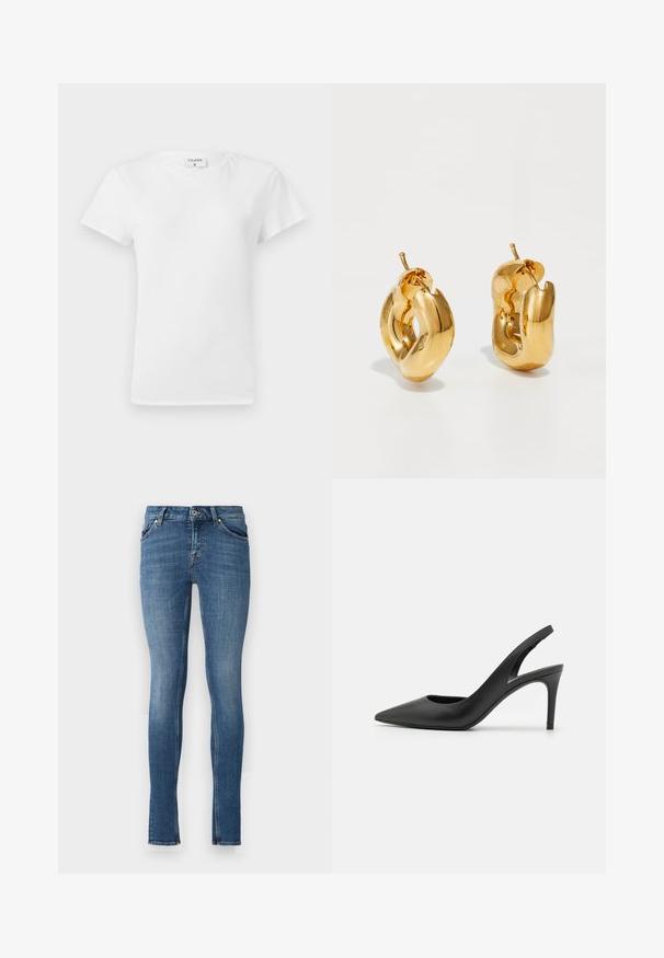 Weißes Baumwoll-T-Shirt mit Rundhalsausschnitt und kurzen Ärmeln, das einen lockeren Sitz und ein minimalistisches Design aufweist. Etikett am Hals sichtbar.; Slim Fit Jeans aus hellblauem Denim, mit fünf Taschen, einem Knopfverschluss und einer lässigen Textur mit dezenten Ausbleichungen und auffälligen Nähten.; Schwarze Leder Slingback High Heels mit einem spitzen Zehendesign, das an der Vorderseite ein Ausschnitt hat und einen dünnen Stilettoblock. ; Fette goldene Creolen mit einem leicht verdrehten, röhrenförmigen Design und Steckverschlüssen auf einem weißen Hintergrund.