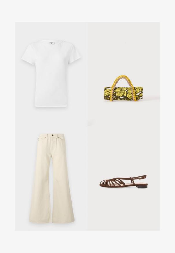 Camiseta blanca de algodón con cuello redondo y mangas cortas, que presenta un corte relajado y un diseño minimalista. Etiqueta visible en el cuello.; Jeans acampanados de color beige claro, fabricados en algodón. Presentan una cintura alta, cinco bolsillos y un cierre de botón con detalles de costura en contraste.; Sandalia plana marrón con múltiples tiras finas y una pequeña hebilla en el tobillo sobre un fondo claro.; Bolsa rectangular con patrón floral en amarillo y negro y asa trenzada amarilla y rosa sobre fondo blanco.