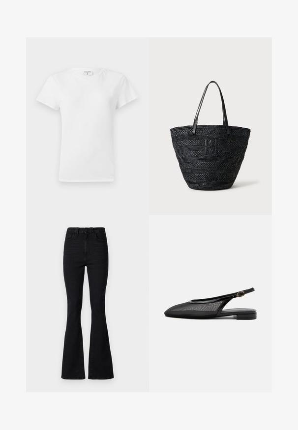 Weißes Baumwoll-T-Shirt mit Rundhalsausschnitt und kurzen Ärmeln, das einen lockeren Sitz und ein minimalistisches Design aufweist. Etikett am Hals sichtbar.; Schwarze Schlagjeans mit hoher Taille, aus Denim. Merkmale sind ein Knopfverschluss, ein Fünf-Taschen-Design und eine glatte Textur.; Schwarzer Slingback-Flachschuh mit spitzer Kappe, Mesh-Obermaterial, verstellbarem Schnallenriemen und niedrigem Blockabsatz auf weißem Hintergrund.; Schwarze, gewebte Tragetasche mit zwei dünnen Ledergriffen und einem dezenten, geflochtenen Logo auf der Vorderseite, stehend vor einem hellen Hintergrund.