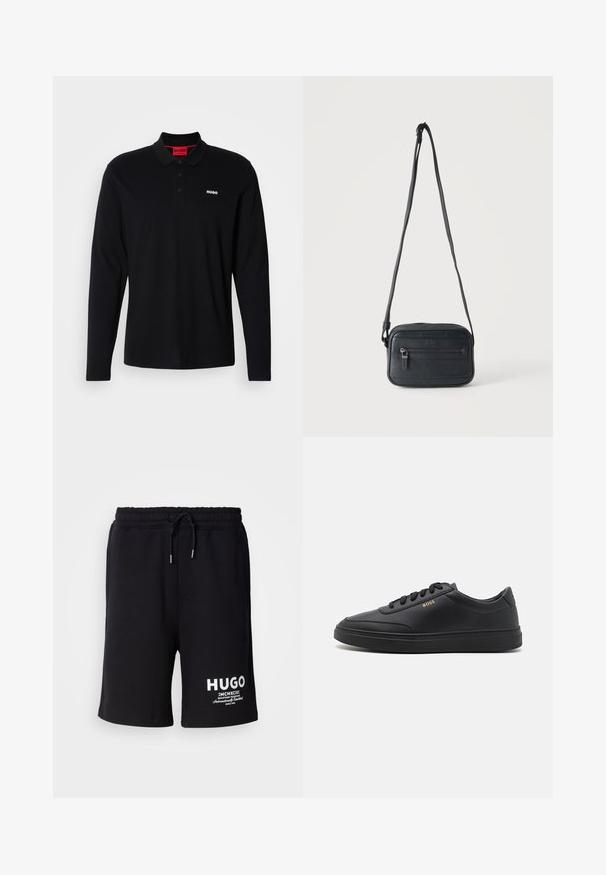 Zwarte lange mouwen polo shirt van katoen, met een rode kraag en een drieknoopsluiting, voorzien van een wit "HUGO" logo op de borst.; Zwarte katoenen shorts met een elastische tailleband en koord. Witte "HUGO" logo op het linkerpijp. Eenvoudig ontwerp, knielange snit.; Zwarte leren sneakers met een gladde textuur, ronde neus, platte rubberen zool en tonale veters. Kenmerkt zich door de gouden "BOSS" branding aan de zijkant.; Zwarte crossbodytas met een voorvak met rits, een gestructureerd oppervlak en een verstelbare band, hangend tegen een effen lichte achtergrond.