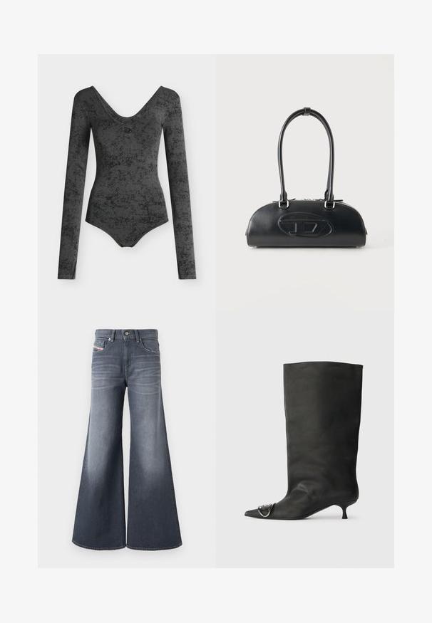Body à manches longues gris foncé à motif marbré avec un large décolleté rond et une coupe ajustée.; Jean denim gris foncé à jambes larges avec poches avant, passants pour ceinture, et fermeture par bouton, présentant des détails subtils délavés sur les cuisses.; Bottines en cuir noir à bout pointu, petite talon et détail métallique sur le bout. Texture lisse et mate partout.; Sac à main en cuir noir avec longues poignées doubles et logo ovale embossé sur le devant, présenté sur un fond clair uni.