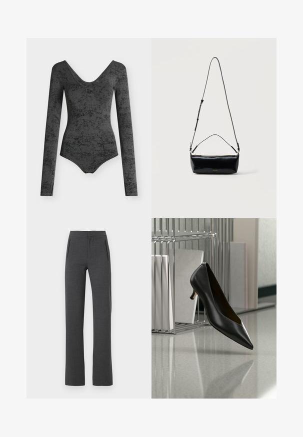 Body à manches longues gris foncé à motif marbré avec un large décolleté rond et une coupe ajustée.; Pantalon droit gris foncé avec poches latérales fendues et taille mi-haute.; Chaussure en cuir noir à bout pointu et talon kitten flottant au-dessus d'un sol gris moucheté, à côté d'un organiseur de fichiers en métal contenant des dossiers.; Sac bandoulière rectangulaire en cuir noir avec bandoulière ajustable, fermeture éclair sur le dessus et petit logo Calvin Klein doré sur le devant.