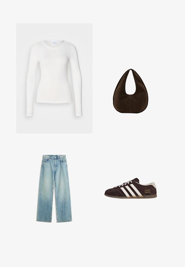 Weißes Langarmhemd aus einem weichen, glatten Stoff; hat einen runden Ausschnitt und eine figurbetonte Passform, ohne Muster oder Verzierungen.; Helle blaue Jeans mit weitem Bein, mittelhoher Taille, Fünf-Taschen-Design, kontrastierenden Nähten und minimalem Verblassen für einen klassischen Look.; Braune Wildleder-Sneaker mit drei weißen Streifen, Gummisohle und Textlabel "Gazelle" in Gold. Schnürdesign mit grauen Schnürsenkeln.; Dunkelbraune Wildleder-Handtasche in Halbmondform mit einem breiten Riemen und glatter Textur vor weißem Hintergrund.