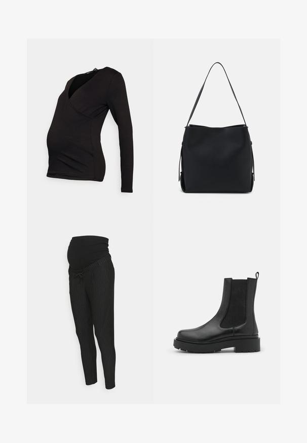 Vero Moda Maternity VMMRIVA FAKE WRAP - Μπλούζα με μακριά μανίκια - black; Μαύρο, ριγέ παντελόνι εγκυμοσύνης με ελαστική ζώνη που καλύπτει την κοιλιά. Διαθέτει κορδόνι και στενές ποδιές για άνεση και εφαρμογή.; Μαύρο δερμάτινο μποτάκι μέχρι τον αστράγαλο με ελαστικά πάνελ στις πλευρές, χοντρή λαστιχένια σόλα και σχέδιο βολής. Λείος υφής με κομψό σχέδιο.; Pieces PCBONY - Τσάντα χειρός - black