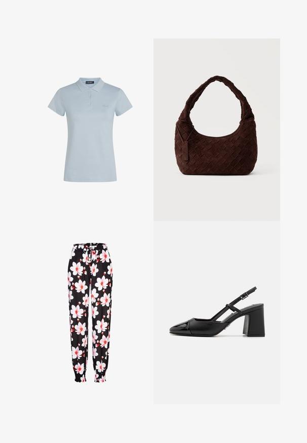 Camiseta polo de mujer de manga corta en azul claro con tres botones y un logo bordado sutil en el pecho izquierdo.; Pantalones de tela negra con patrón floral en blanco y rojo, con cintura elástica y cordón ajustable, y puños fruncidos. Material ligero.; Tacón slingback de charol negro con punta afilada, tacón cuadrado y correa ajustable. Textura suave y diseño minimalista.; Bolso de hombro tejido de cuero marrón oscuro con una forma suave y redondeada y asa ancha, con una pequeña etiqueta de cuero adjunta.