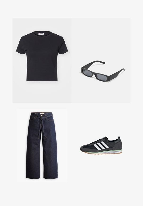 Denim Project DPMDPWRIBBED CROPPED T-SHIRT - Lihtne T-särk - black; Laiad joped tumeda sinise denimi ja kõrge taljega, millel on paela kinni tõmbamise võimalus, viis taskut ja kontrastsete õmblustega detailid.; Mustad ja hallid tossud, millel on samet- ja võrgust pealis, kolme valge triibuga, kummist tald ja roheline aktsent tallal.; Mustad ristkülikukujulised prillid tumepruunide objektiividega ja paksude mattmustade raamidega. Raamide varred on veidi kitsenenud ja neil on sile tekstuur.
