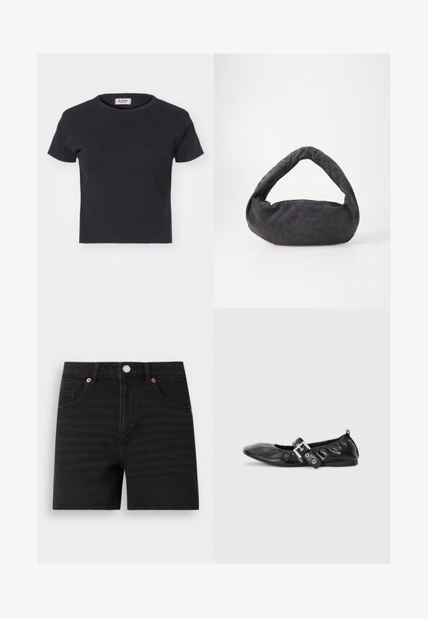 Denim Project DPMDPWRIBBED CROPPED T-SHIRT - Základné tričko - black; Čierne rifľové kraťasy s predným zapínaním na gombíky, s pútkami na opasok, dvoma prednými vreckami a malou mincovou vreckou, zobrazené položené na bielom pozadí.; Čierna kožená plochá obuv s špicatou špičkou, zberaným detailom okolo otvoru a strieborným prackovým akcentom na nastaviteľnom remienku.; Tmavošedá látková taška s zakrivenou rúčkou, jemnou textúrou a zaobleným tvarom. Bez viditeľného hardvéru alebo ozdôb.