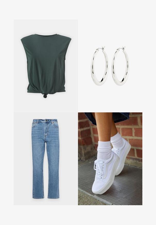 Haut sans manches de couleur vert forêt en tissu doux. Présente un détail noué à l'ourlet et un col rond. Silhouette simple et décontractée.; Jean en denim bleu clair avec une coupe droite, cinq poches, fermeture à bouton à l'avant et décoloration subtile sur le tissu.; Baskets en toile blanches avec semelles en caoutchouc, dotées de six œillets, d'un bout rond et de détails de couture légers, portées avec des chaussettes blanches mi-mollet.; Boucles d'oreilles créoles en argent avec une finition lisse et brillante. Forme circulaire, dotée d'un fermoir sécurisé. Design simple et élégant.