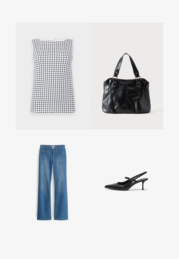 Mouwloos topje met zwart-wit geruit patroon, ronde halslijn en rechte zoom.; Blauwe denim jeans met een rechte pijp, vijf zakken en een knoopsluiting op de taille. Vervaagde afwerking met subtiele textuur.; Zwarte leren slingback hakken met een puntige neus, slanke verstelbare band en een ongeveer 5 cm hoge stiletto hak, met een gladde textuur.; Zwarte leren schoudertas met dubbele bandjes bevestigd met gouden ringen en klinknagels, glad en licht glanzend oppervlak, eenvoudig ontwerp.