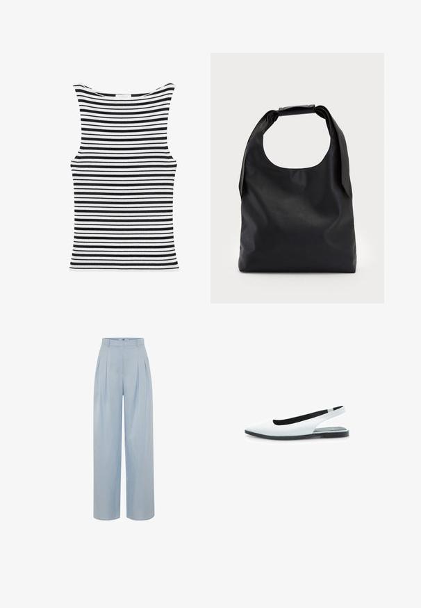 Camiseta sin mangas de canalé con rayas horizontales en blanco y negro y un escote alto y redondeado.; adL Pantalones - blue; Zapato plano slingback blanco de cuero con punta afilada, superficie texturizada y suela negra. Diseño minimalista con una silueta elegante y moderna.; Bolso de mano de cuero negro con una gran abertura superior y una sola correa para el hombro. Textura suave, diseño minimalista, con detalles sutiles de herrajes.