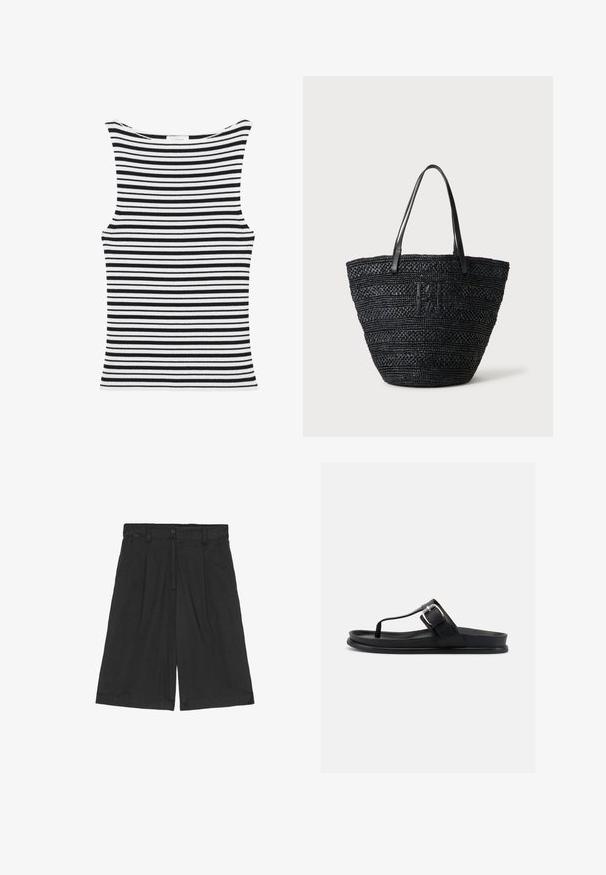 Ärmelloses, geripptes Tanktop mit schwarzen und weißen horizontalen Streifen und hohem, rundem Halsausschnitt.; Schwarze Leinen-Shorts mit lockerer Passform, flachem Bund, zwei seitlichen Taschen und einem Knopfverschluss an der Taille.; Schwarze Zehensandale mit gepolsterter Sohle und verstellbarem Riemen mit silberner Schnalle, seitlich auf weißem Hintergrund dargestellt.; Schwarze, gewebte Tragetasche mit zwei dünnen Ledergriffen und einem dezenten, geflochtenen Logo auf der Vorderseite, stehend vor einem hellen Hintergrund.