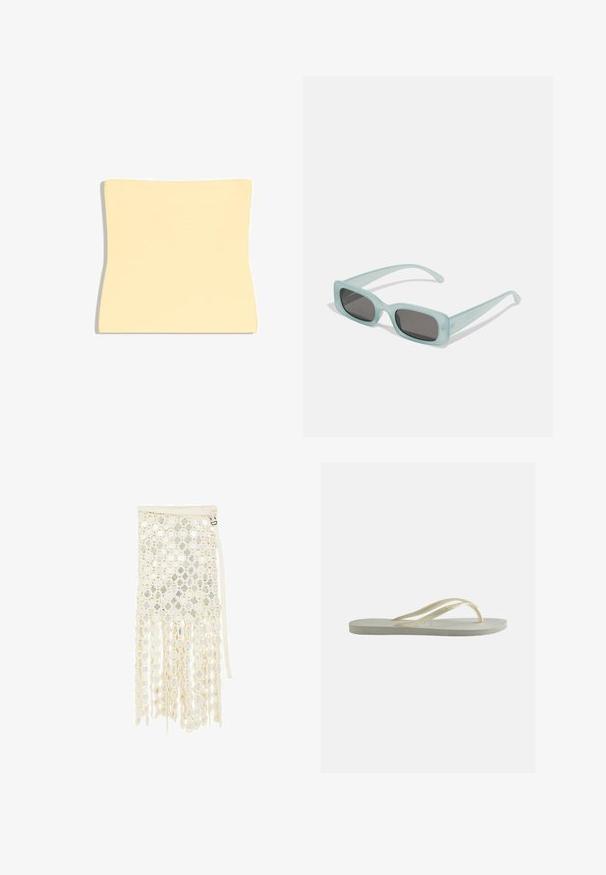 Lysebeige lændestøttepude med en kontureret form designet til at passe til lænden, vist på en hvid baggrund.; Kremfarvet nederdel med cirkulært udskåret mønster, metalliske reflekterende skiver, lange hængende løkker og en påsat sidelomme med spænde.; Enkelt off-white gummiflipper med tynde remme og tekstureret fodseng set fra siden på ensfarvet baggrund.; Et par rektangulære solbriller med lyseblå gennemsigtige stel og mørkegrå linser, der har lige templer og minimale hardware detaljer.